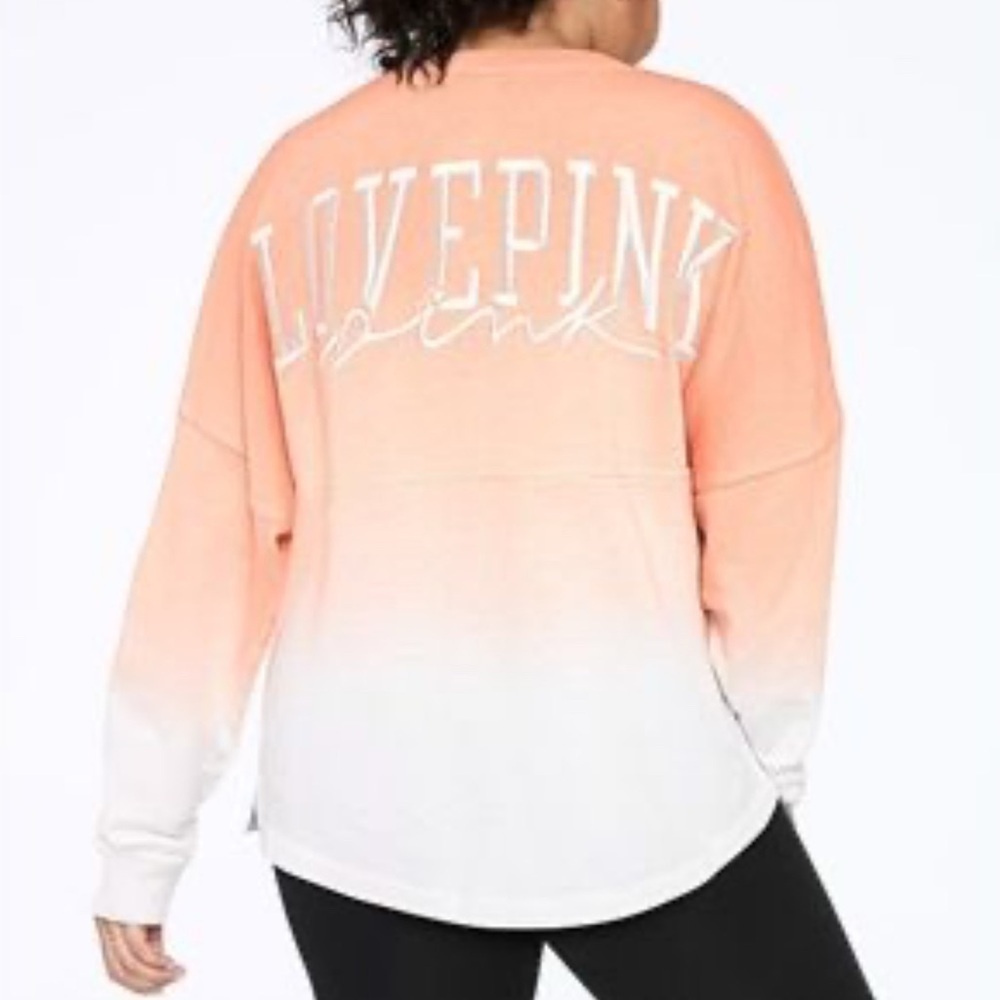 Victorias Secret Pink Varsity Crew Pullover. Ombré Orange/White. Love Pink. LG.